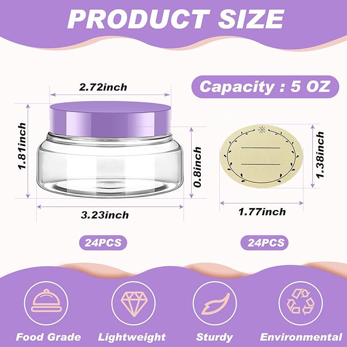 Tessco for you 24 Pack Plastic Jars with Lids Labels Multiuse Slime Containers Empty Body Scrub Jars Round Refillable Cosmetic Body Butter Container for Makeup (5 oz,Clear,Purple)