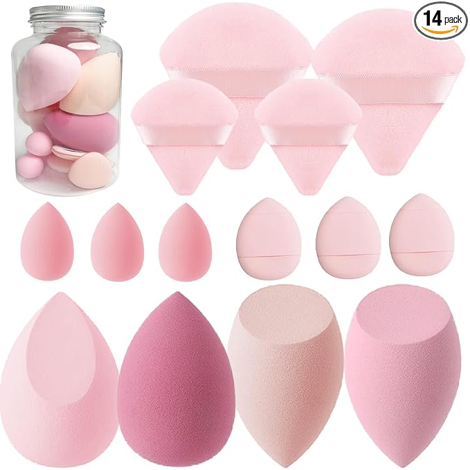 Makeup Sponge Set Blender Sponges 14 Pcs for Liquid Cream, and Powder Latex Free Multi-colored Sponges for Makeup Application with Storage Box Pink Gifts