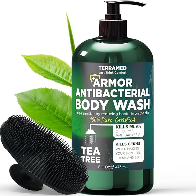 Antibacterial Body Wash with Tea Tree Oil | Antibacterial Soap for Men & Women | Kills 99.9% of Germs & Bacteria | Helps with Back Acne, Body Odor & Skin Irritation | Includes Scrubber 16 fl oz