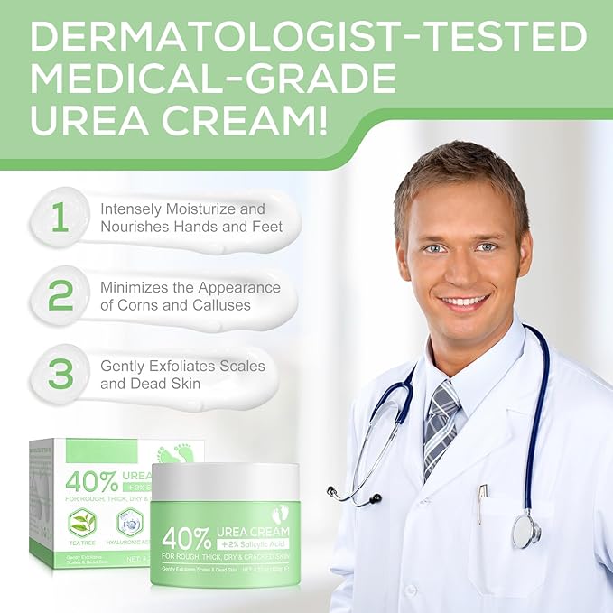 Urea Cream 40%, with 2% Salicylic Acid 4.23 oz, Powerful Softening of Cracked Heels, Quick Absorption, Urea Foot Cream for Dry Heels, Hands, Feet, Knees & Elbows