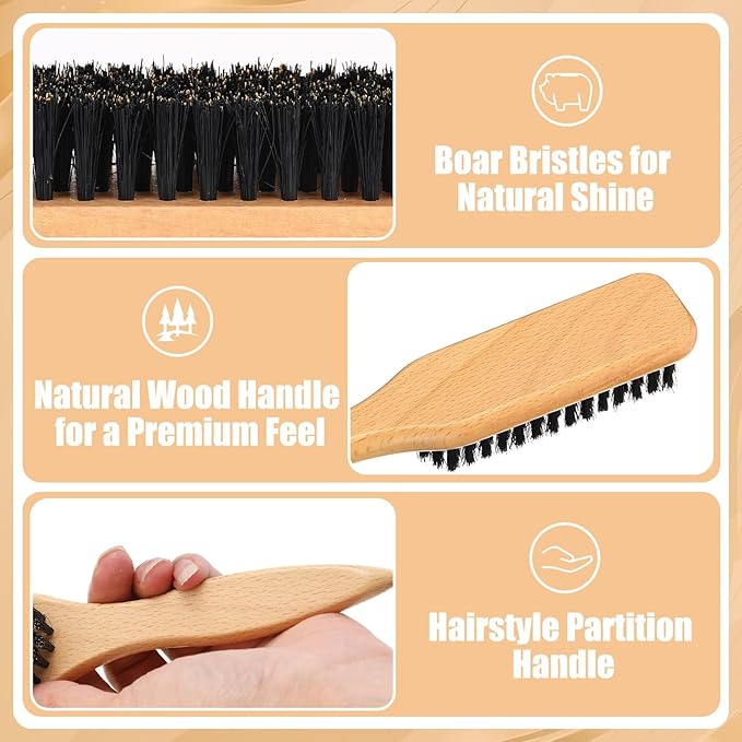 6PCS Boar Bristle Slick Back Hair Brush with Edge Brush Rat Tail Comb, Wide Tooth Comb for Men Women