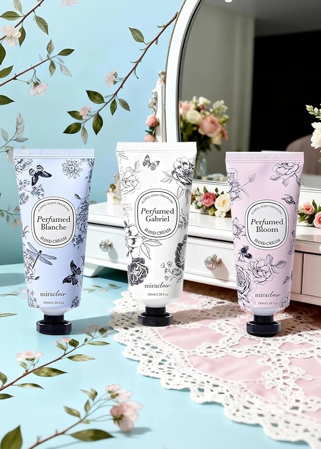 MIRACLAIR Perfumed Hand Cream Set – Long-Lasting Fragrance, Wrinkle Care & Moisturizing, with Shea Butter & Adenosine, Hypoallergenic, 3 Scents (White Floral, Pink Bloom, Musky Floral) – 100ml Each