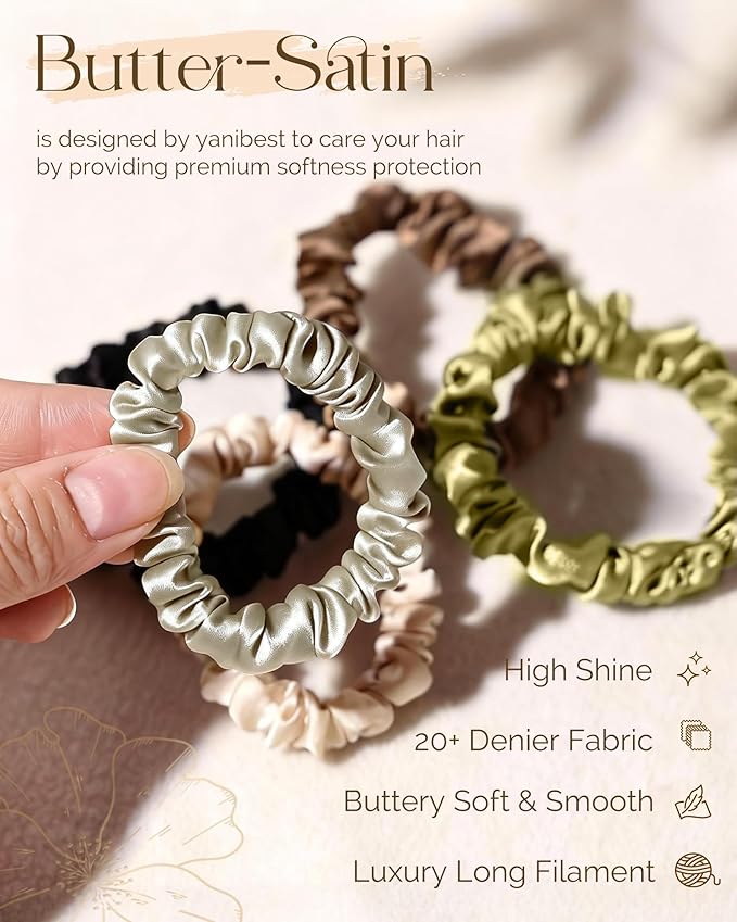 Yanibest 8 Pcs Satin Hair Ties - Hair Scrunchies for Women & Girls, Thin Silk Hair Ties No Damage, Ponytail Holders Gentle on Hair