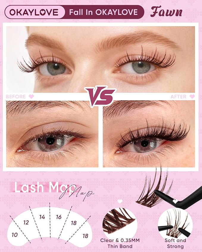 OKAYLOVE Brown Lash Clusters Kit, FAWN 10-18mm Wispy Clusters Lashes Kit Natural Eyelash Clusters Kit, 144pcs CC Curl Eyelashes Extension Kit Individual Lashes with Bond and Seal, Remover, Tweezers