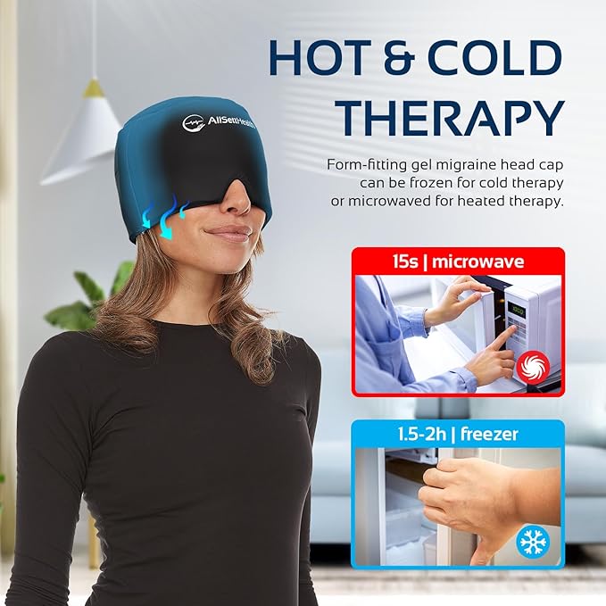 Migraine Relief Cap Ice Head Wrap and Hat | Hot/Cold Gel Pack with Face and Eye Mask Compress for Headache Relief - Black