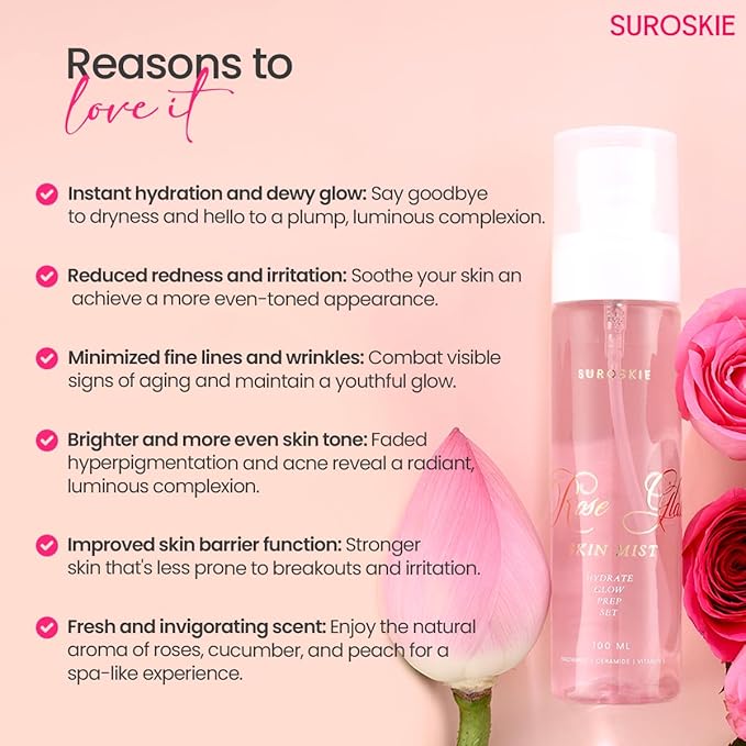Suroskie Roses Glass Skin Mist 100Ml | 2 in 1 Face Toner + Makeup Setting Spray | Rose Water for Face with Aloe Vera & Lotus | Toner for Glowing & Hydrating Skin | All Skin Types | for Men & Women