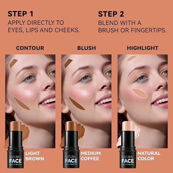 3Pcs Cream Contour Stick Makeup Kit, Shades with Highlighter, Blush and Bronzer Contour Stick for Sculpt the Cheeks, Long Lasting, Waterproof, Matte & Dewy Finish (H)