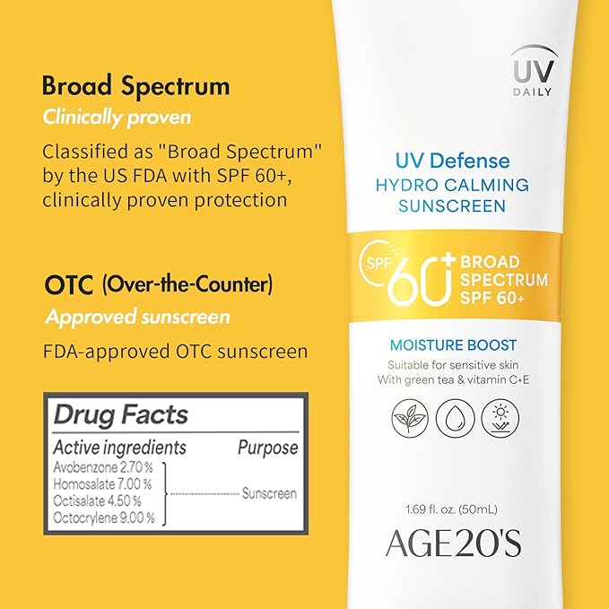 AGE20'S UV Defense Hydro Calming Sunscreen SPF 60+ | Korean Sunscreen | Moisturizing Creamy Formula, No White Cast, Lightweight Finish | Green Tea + Aloe Vera | Dermatest Excellent | 1.69 fl.oz*2ea | UV Defense, Hydro Calming, Korean Sunscreen, No Whit...