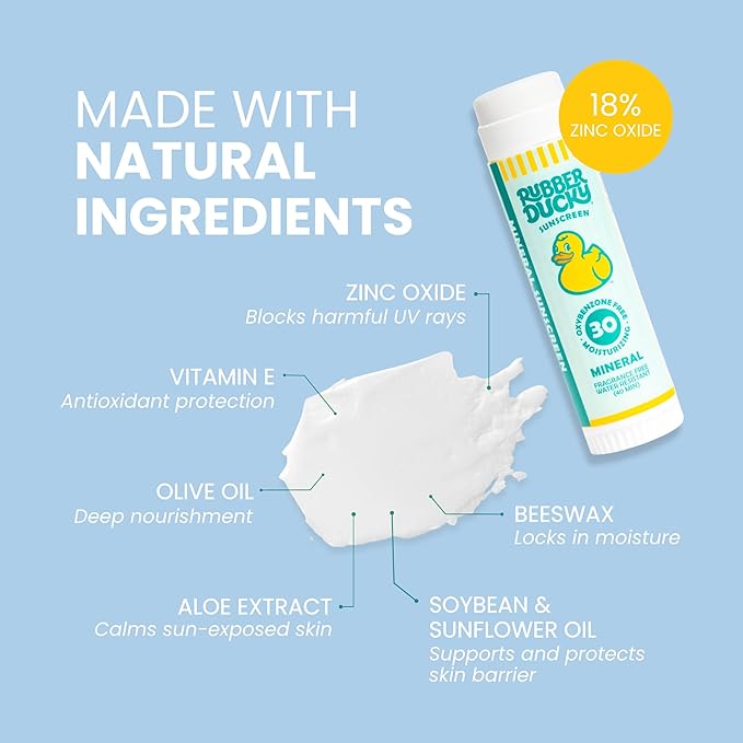 Rubber Ducky- SPF 30 Mineral Face Sunscreen Stick, Water Resistant, Moisturizing & Broad Spectrum Sunscreen Face Stick, Sun Skin Protection with Vitamin E, Mini Travel Size Sunblock, 0.6 oz