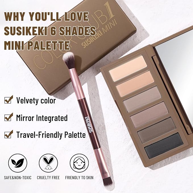 SUSIKEKI Neutral Nude Matte Eyeshadow Palette with Brush - 6 Colors Mini Travel Size, Highly Pigmented Taupe & Brown Smoky Eye shadow, Long Lasting Vegan Makeup Palette for Daily Use