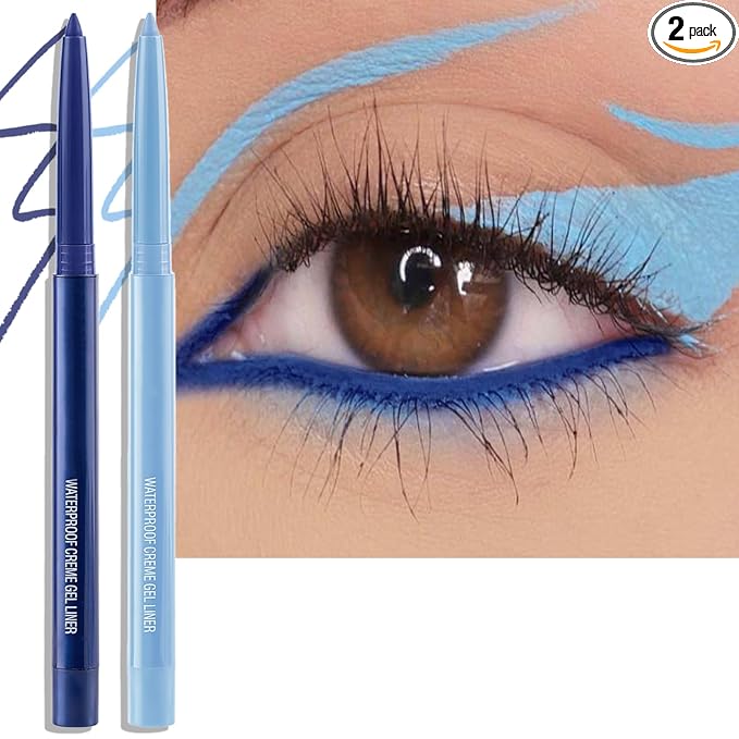 2 PCS Blue Eyeliner Pencil Set, Matte Shimmer Gel Waterline Eye Liner Pen Smudge-Proof Multi-Use Colorful Eyeliner Creamy High Pigmented Long-Lasting Retractable Smooth Eye Makeup