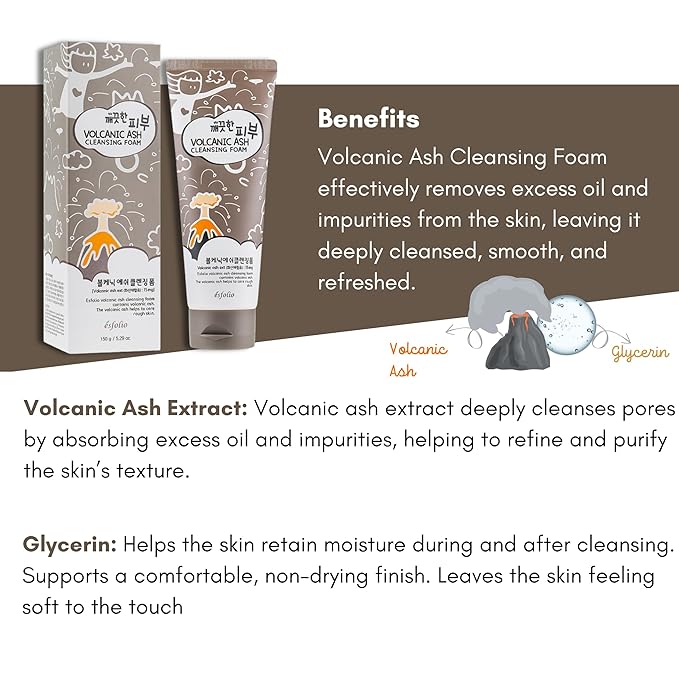 esfolio Volcanic Ash Cleansing Foam – Deep Pore Cleanser for Oily & Acne-Prone Skin – Hydrating Facial Wash with & Natural Ingredients – Gentle Foaming Cleanser for Sensitive Skin (5.29oz -150g)