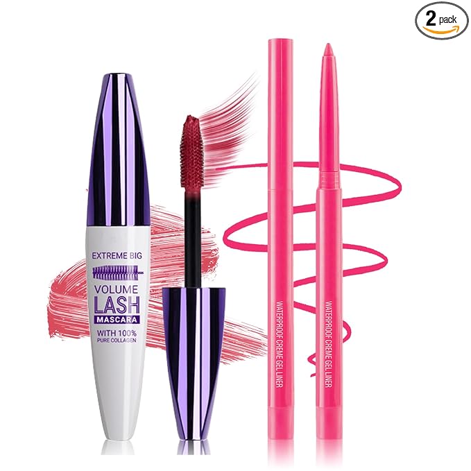 Pink Mascara and Eyeliner Set,Natural Curling Pink Mascara for Eyelashes,Volumizing Lengthening Rimel de Pestañas Waterproof,5D Colored Eye Makeup