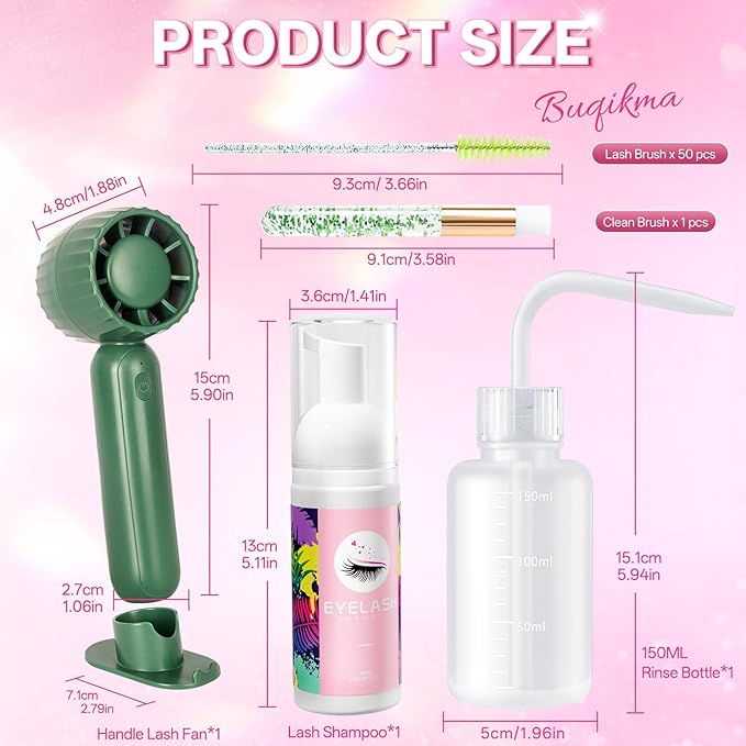Buqikma Lash Cleaning Kit - Lash Shampoo 60ML with Rechargeable Handheld Fan Dryer, Mascara Brush, Rinse Bottle, Makeup Cleansing Foam for Eyelash Extension Care, Green