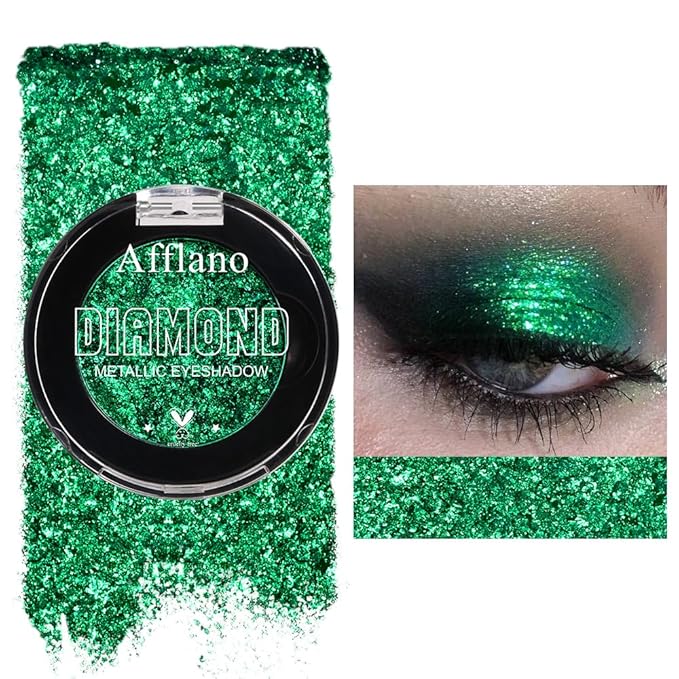 Afflano Green Glitter Eyeshadow Makeup, Chrome Emerald Green Eyeshadow palette Instant Color, Highly Pigmented, Metallic Viridian Shimmery Eye Shadow for St Patricks Wicked Sparkle Eye Face Makeup