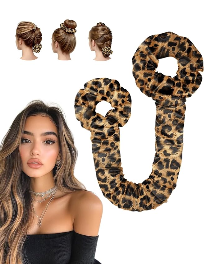 BONNET QUEEN Satin Heatless Hair Curler, Overnight Curls for Long Hair, Ultra Soft Daily Use of Hair Accessories & 2 Scrunchies, Damage-Free Styling, Soft Hair Curlers for Overnight, Leopard