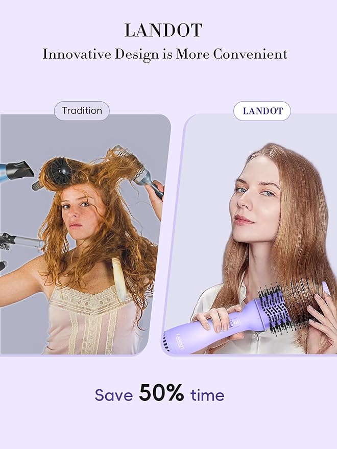 LANDOT 4-in-1 Blow Dryer Brush-Blowout Hair Dryer Brush with 60mm Oval Barrel One Step Volumizer for Thick & Coarse Hair, Fast Drying Frizz Control, Salon Smooth Hair at Home