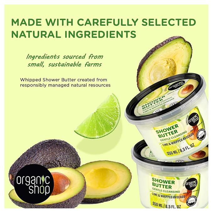 Organic Shop Shower Butter Whipped Avocado & Lime, 99% Natural, COSMOS Natural, Vegan Body Wash, Moisturizing Shower Cream, Gentle pH Balanced Cleanser, Paraben Free, Made in Europe, 8.5 fl oz