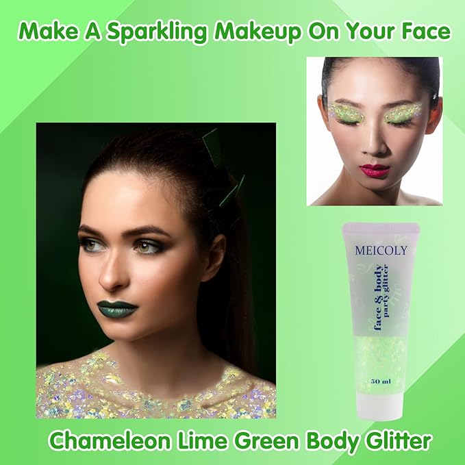 MEICOLY Lime Green Face Body Glitter,St Patricks Day Hair Glitter for Women Kids,Green Accessories Irish Parade Makeup,Spirit Day Wear Chunky Chameleon Face Glitter for Halloween Alien Makeup