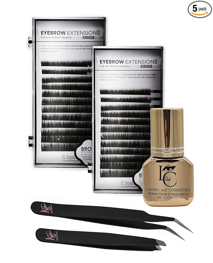 Lash Eyebrow Extensions Kit with 2 Trays of Mink False Eyebrows in Black, Comes on Mixed Length Trays 5-8 mm Mix, Eyebrow Glue Clear & Dual Pack (Straight & Curved Tip) Extension Tweezers