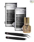 Lash Eyebrow Extensions Kit with 2 Trays of Mink False Eyebrows in Black, Comes on Mixed Length Trays 5-8 mm Mix, Eyebrow Glue Clear & Dual Pack (Straight & Curved Tip) Extension Tweezers