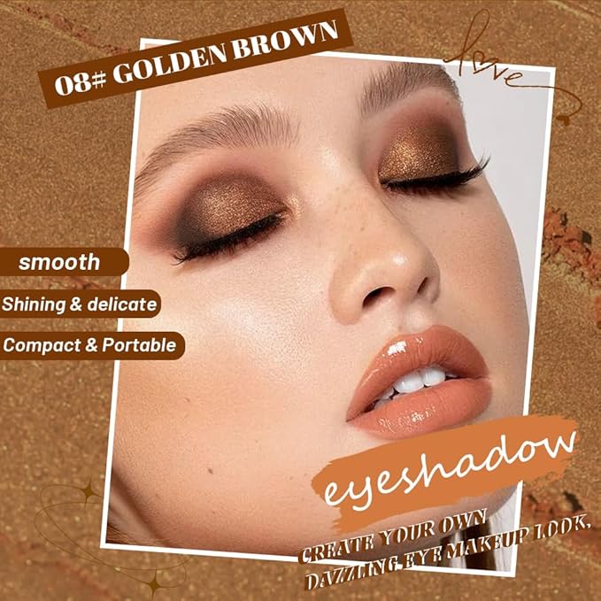 WanTuoluo Sparkly Eyeshadow Palette for Women, Single Monochrome Eye Shadow Makeup, Shiny Pressed Cream Powder, Blendable Natural sombras para ojos, Holographic,Vegan,Travel (08-Glitter-Gold Brown)