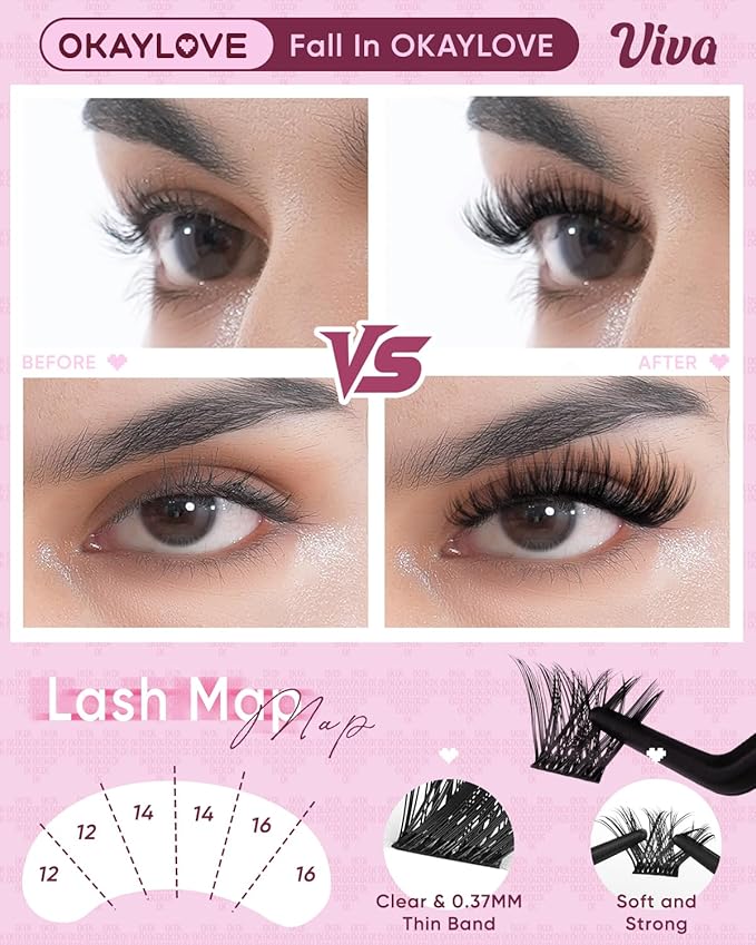 OKAYLOVE Fluffy Lash Clusters, VIVA 8-18mm Wispy Eyelash Clusters, 168pcs Volume Cluster Eyelashes Extensions Black Band Individual Eye Lash Clusters