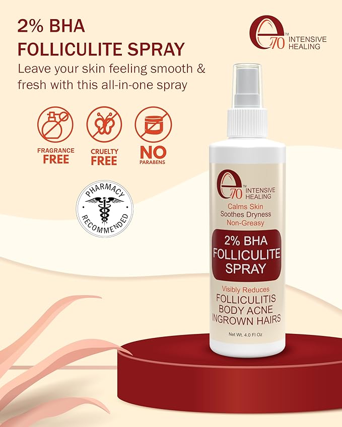 e70 Folliculitis Treatment 2% BHA Body Spray - Salicylic Acid with Tea Tree Oil & Aloe Vera - Spray Moisturizer for Dry Skin, Clogged Pores & Irritation by Made in USA, 4 fl. oz