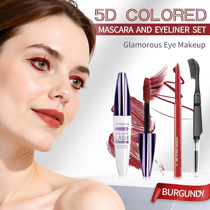 Burgundy Mascara and Eyeliner Set,5D Colored Mascara Volume and Length Waterproof,Natural Curling Lengthening,Suitable for Women Eye Makeup