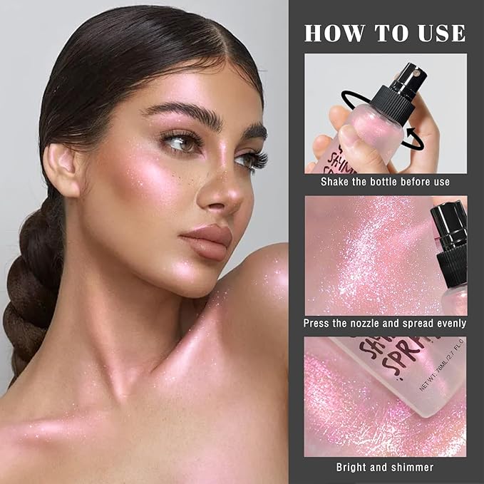 HOSAILY Body Glitter Spray - Pink Body Shimmer for Face, Hair & Body, Moisturizing Luminizer Glow Illuminator, Quick-Drying Sparkling Glitter Spray Liquid Highlighter Makeup (#07)