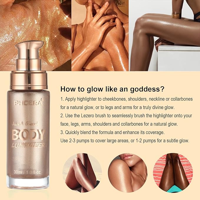 Body Shimmer Oil, Rose Gold Natural Glow Luminizer, Long Lasting Moisturizing Liquid Illuminator Highlighter Makeup for a Sun-Kissed Glow, Brush Include, 1oz, Light Medium