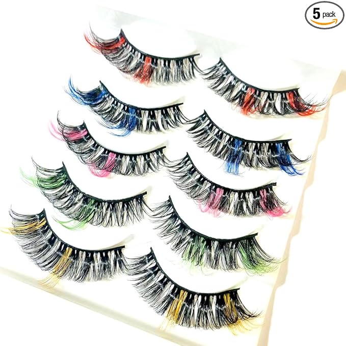 Sunniess Ombre Colored Lashes Silk Protein Fluffy Wispy Volume Fake Lashes for Halloweens Cosplay Party Stage Russian D Curl Lashes with Color Make up Faux Mink False Eyelashes