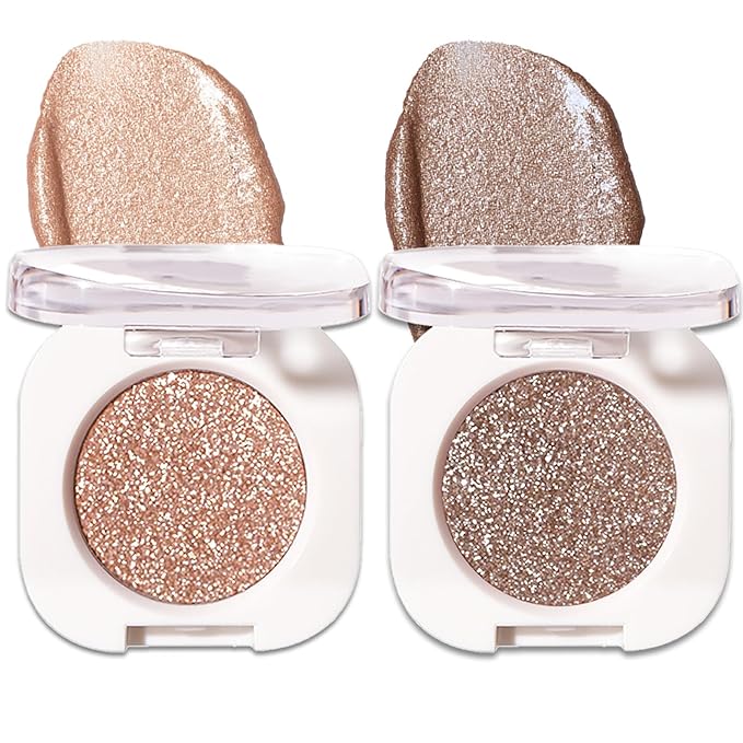 2 Pcs Glitter Eyeshadow Single, Ultra-Fine Sparkling Diamond Shimmer, Long-Lasting Sheer Eye Makeup, Crease-Proof & Buildable Eye Shadow Topper, Gold & Brown Champagne