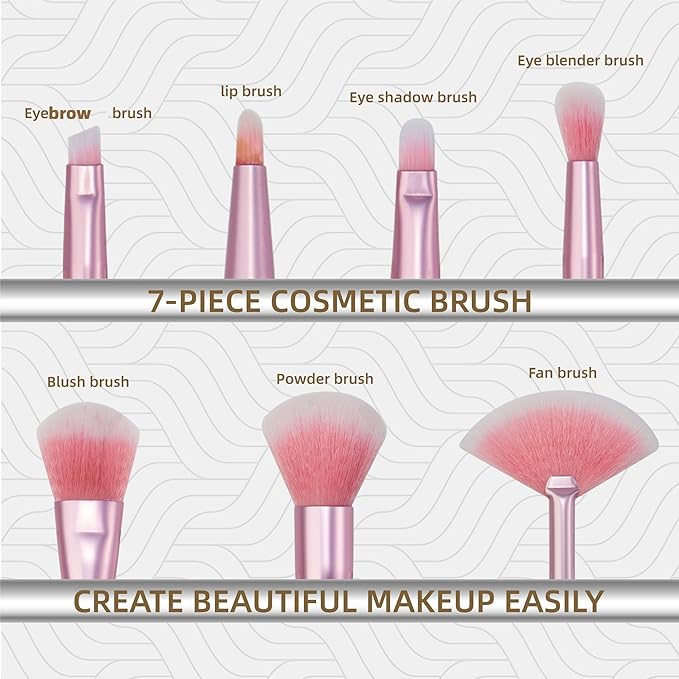 Makeup Brushes Set for Girls, Pink Liquid Flows 7PCS Foundation Fan Powder Blush Lip Eye Shadow Eyebrow Eye Blender Brush Set for Girls Teen Kids as Gift Present