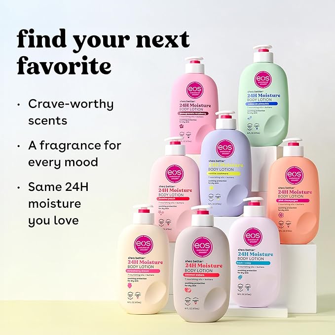 eos Shea Better Body Lotion Pomegranate Raspberry, 24-Hour Moisture Skin Care, Lightweight & Non-Greasy, Natural Shea, Vegan, 16 fl oz