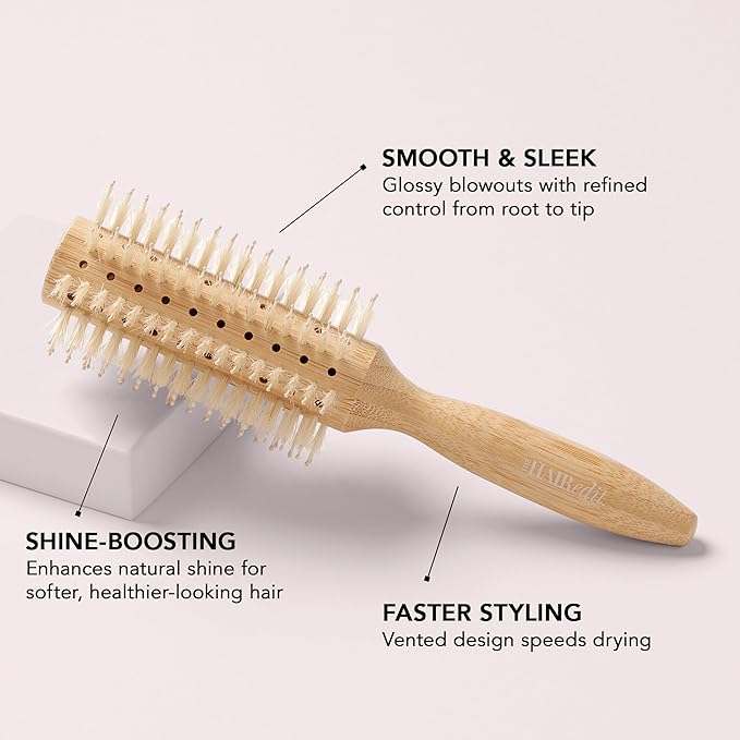 The Hair Edit Sleek Goddess Boar Bristle Bamboo Round Brush,Vented Blowdry Hair Brush for Smooth Shine & Flyaway Control, Distributes Natural Oils, Lightweight Eco-Friendly, Hairbrush for Women