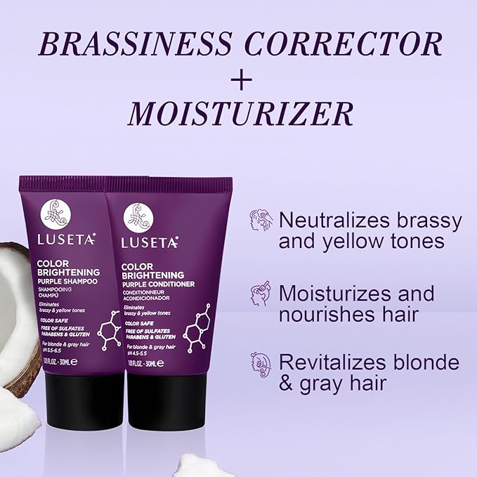 Luseta Color Brightening Purple Travel Shampoo and Conditioner Mini Kit for Blonde, Silver and Gray Hair - Brassiness Neutralizer for Highlighted and Bleached Hair, 2x1.01oz Carry on Friendly