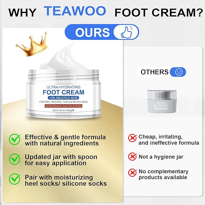 TEAWOO Ultra-Hydrating Urea Cream (Urea Conc. 40.67%), Foot Cream for Dry Cracked Heels and Feet, Pair with Moisturizing Heel Socks for Cracked Heel Treatment, Heel Socks Included (5.29 OZ/150g)
