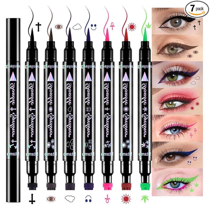 7Pcs Colored Liquid Eyeliners with Face Stamps – Black Brown Purple Blue Red Pink Green Star Flower Heart Moon Triangle Stamps for Cosplay & Gothic Makeup – Beginner-Friendly (multicolor-7Pcs-set02)