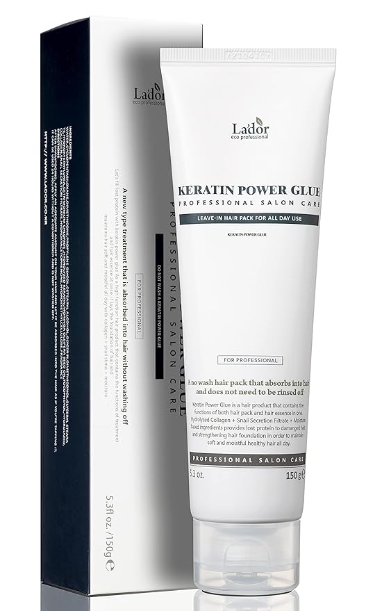 LADOR Keratin Power Glue Leave-In Conditioner Protein Hair Treatment Mask Heat Protectant Gloss Shine Snail Mucin Detangler Serum for Dry Damaged Curly Color Treated Bleached Hair 5.3 Oz Korean