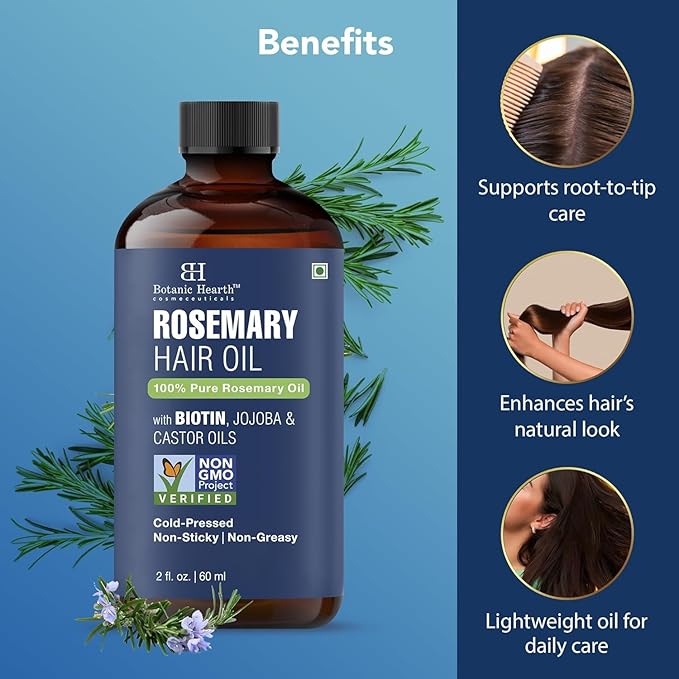 Botanic Hearth 100% Pure Rosemary Oil For Hair Growth Infused With Biotin | Hair Strenghtening Treatment | Nourishing & Volumizing | With Jojoba Oil & Castor Oil | Non GMO Verified | 2 fl oz, Blue
