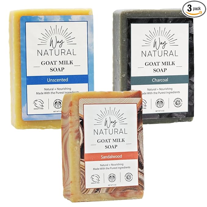 Goat Milk Soap Bar (Variety 3 Pack) - Natural Bar Soap for Men & Women - Handmade w/Real Milk, Hands/Body - Premium, Gentle, No Dyes - (Large, 5oz) Sandalwood, Charcoal, Unscented