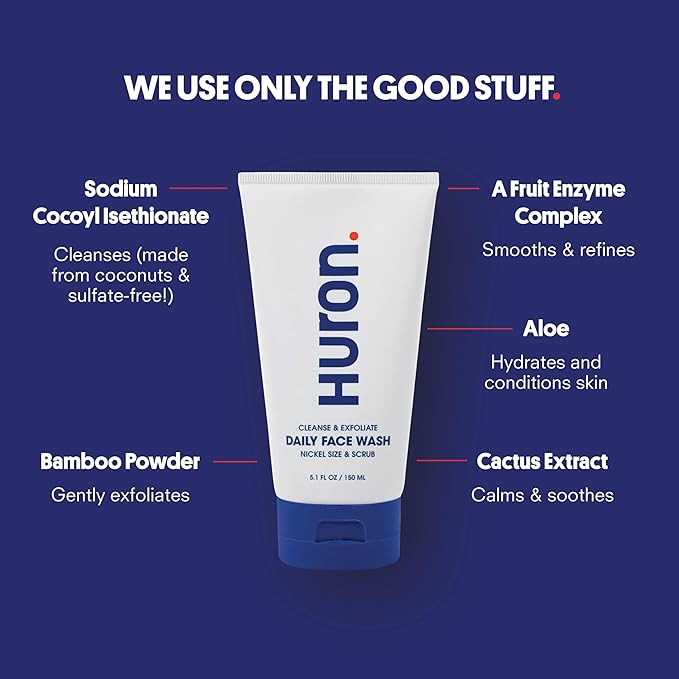Huron Men’s Face Wash - Daily Deep Facial Cleanser & Mild Exfoliator - Cleans, Conditions, & Hydrates Skin - Subtle Energizing Scent - Vegan, Sulfate-Free - 5.1 Oz (2 Pack)