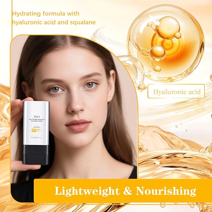 3 In 1-Luxury Anti-Wrinkle Foundation Stick SPF 50+ with Brush, Hydrating Non-Sticky Matte Foundation Stick, Travel Size Defense Face and Body Sunscreen Lotion, Light Color, 1.42 Fl Oz (Light)