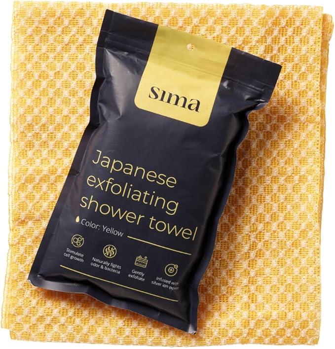 Sima Brand Exfoliating Washcloth Face & Body Scrub Towel - Japanese Exfoliating Towel with Hexagon Fibers, Body Scrubber with 2 Sides for Scrubbing & Washing, Extra Long Body Towels (Yellow)