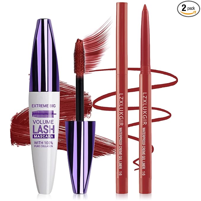 Burgundy Mascara and Eyeliner Set,Natural Curling Red Mascara for Eyelashes,Volumizing Lengthening máscara de pestañas Waterproof,5D Colored Eye Makeup