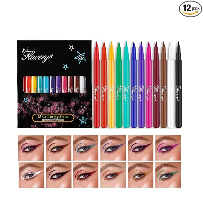 12 Colors Liquid Eyeliner Set, Colorful Neon Eyeliner Pencil Matte Colored Pen Waterproof Long Lasting Pigmented Rainbow Eye Liner Halloween Christmas Makeup Gift Kit for Women (multcolor)