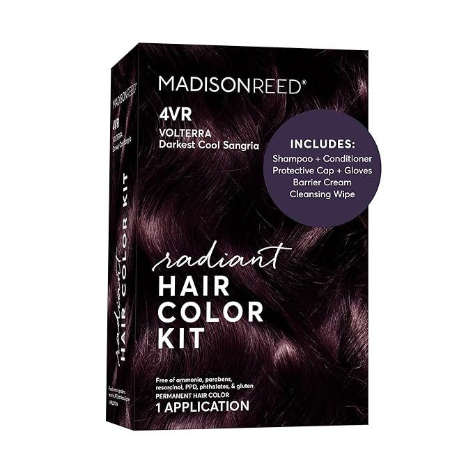 Madison Reed Radiant Hair Color Kit | 4VR Darkest Cool Sangria (Volterra Amethyst) for 100% Gray Hair Coverage | Salon Quality Permanent Hair Dye | PPD-Free & Ammonia-Free | (Packaging Varies) 1 Pack