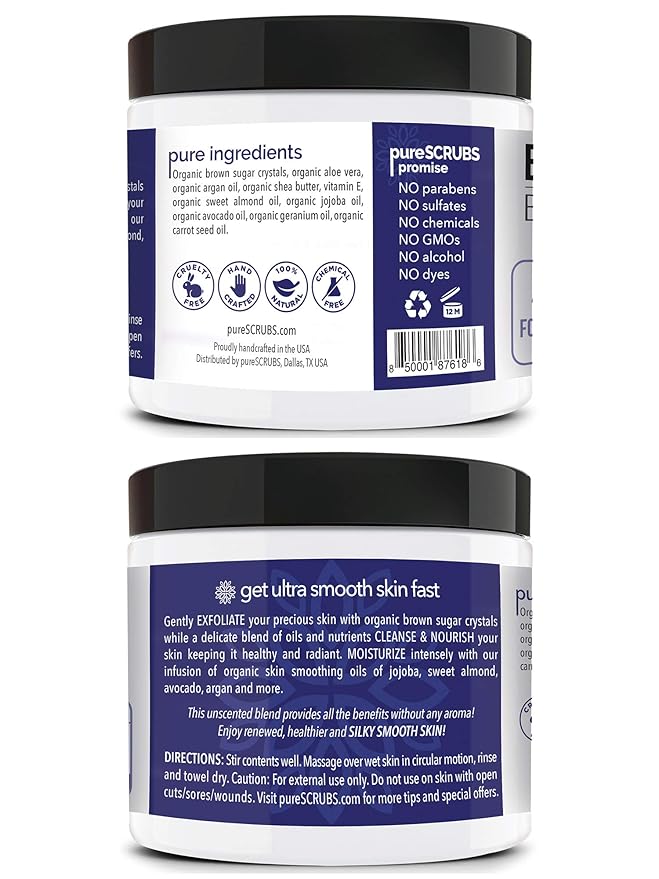pureSCRUBS Premium Unscented Brown Sugar Body Scrub | Large 16oz Jar | Face, Feet & Full Body Scrub | Includes Wooden Spoon, Loofah & Mini Exfoliating Bar Soap