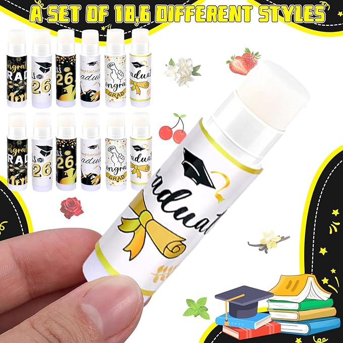36 Pcs 2026 Graduation Gift Bulk Lip Balms Class of Graduation Party Favors Chapstick Holder Keychain and Lip Balms Set for Students Dry Chapped Lips Classmates Graduation Party